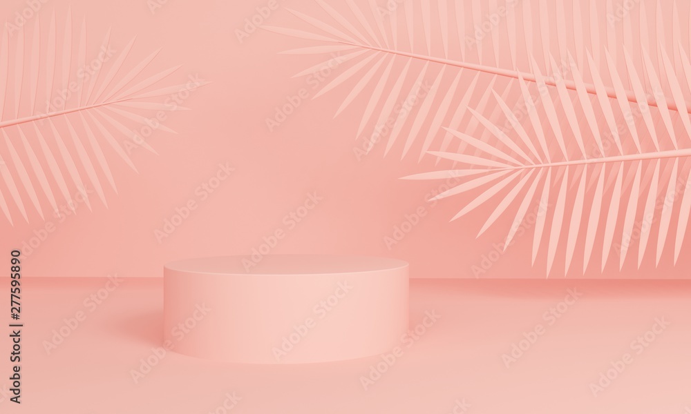 Aufkleber geometric pink abstract background with palm leaves and platform. 3d rendering