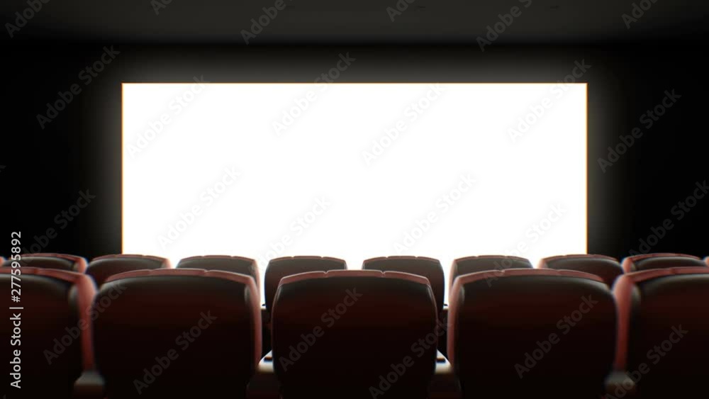 Wall mural beautiful wide screen in cinema hall. moving through over the seats. 3d animation with lights, green