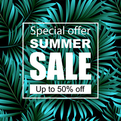 Summer sale banner. Exotic design for banner, flyer, invitation, poster, website or postcard. Vector illustration on the background of a seamless pattern of palm leaves.