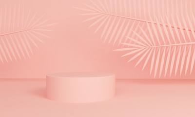 Geometric pink abstract background with palm leaves and platform. 3d rendering
