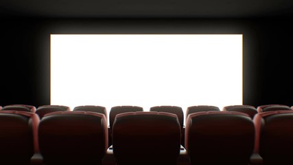 Beautiful Wide Screen in Cinema Hall. Moving Through Over the Seats. 3d Animation with Lights, Green Screen and Tracking Points. Art and Technology Concept. 4k Ultra HD 3840x2160 - Powered by Adobe