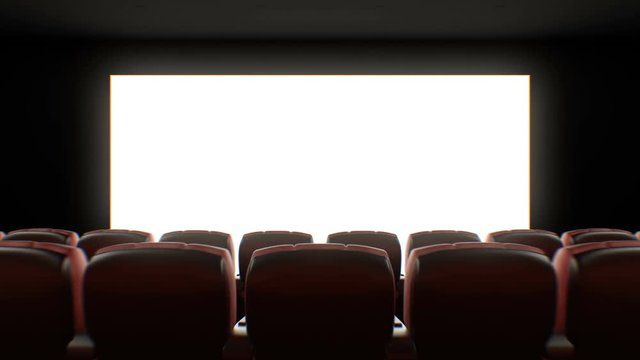 Beautiful Wide Screen in Cinema Hall. Moving Through Over the Seats. 3d Animation with Lights, Green Screen and Tracking Points. Art and Technology Concept. 4k Ultra HD 3840x2160