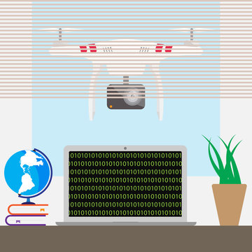Drone hack concept. Quadcopter with action camera. Vector illustration.