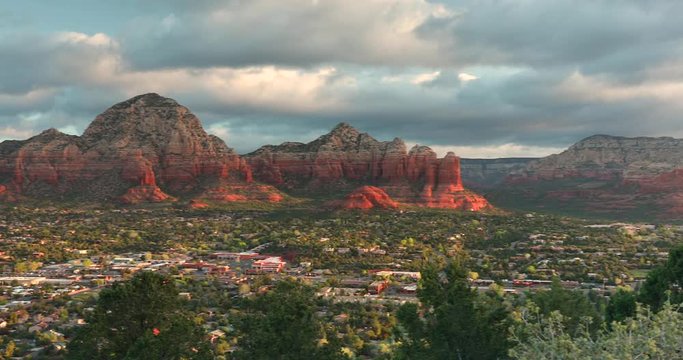 Capitol Butte and Coffee Pot Rock formation as seen from Airport Mesa over the town of Sedona Arizona USA