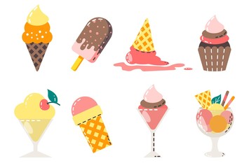 Collection of vector ice cream and sweet dessert illustrations isolated on white.