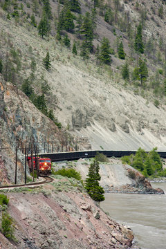 Canada, BC, Lyton.  CP Rail train carrying coal in Thompson River canyon half way between Spences Bridge and Lyton.  Viewed from Hwy 1