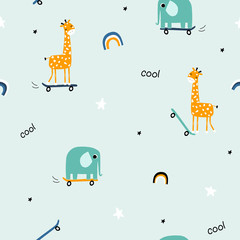 Seamless pattern with animals skate. Kids funny print. Vector hand drawn illustration.