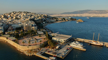 Fototapeta premium Aerial photo of famous picturesque area of Marina Zeas or Passalimani in the heart of Piraeus, Attica, Greece