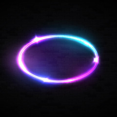 Oval neon sign. Laser chrome frame with glowing, light, flares and sparkles on black brick wall background. Electric bright 3d banner design. Color neon abstract background. Bright vector illustration
