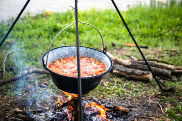 Cooking outdoor on a fire in a pot. Preparing  goulash in a nature by the lake.