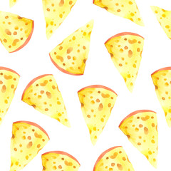 Seamless watercolor background with different noble cheeses: camembert, gouda, parmesan, blue, edammer, maasdam, brie, roquefort. Snack bar. Farm dairy products. Fresh organic food.