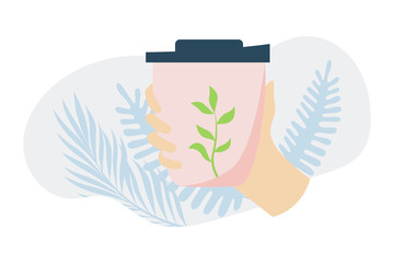 Fototapeta na wymiar Hand with coffee cup. Take your cup concept. Reusable cup. Ecology protection concept. Modern flat vector illustration
