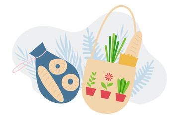 Eco bags with groceries. Cotton bags with bread, onion. Ecology protection concept. No plastic. Modern flat vector illustration