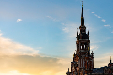 Gothic Orthodox Cathedral. Neo-Gothic Orthodox Church with Masonic symbols. Church at sunset.
