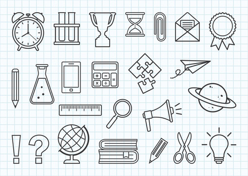 Set of school supplies on checkered notebook background. Black line art. Vector illustration
