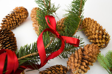 red bow pine cones on a white background