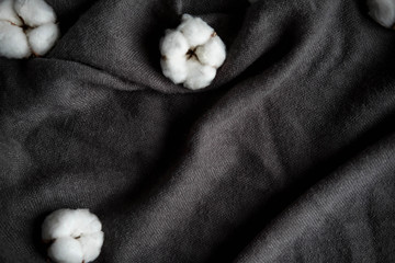 Texture of gray wool fabric on which the cotton flowers lie. Winter background with white cotton flowers and a copywriting space. Winter test frame