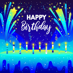 Happy Birthday bright Vector illustration in blue colors. Happy Birthday gradients design with candles, cake, stars, fireworks, confetti for greeting card, banner and poster. Vector illustration
