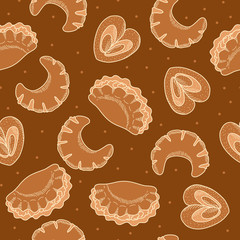 Bagels, curds, cheesecakes on a beige background. Seamless pattern for printing on fabrics, paper. Vector.