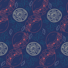Crabs and lemons with spices on a blue background. Seamless pattern for printing on fabrics, paper. Vector.
