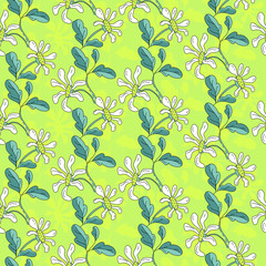 flowers and leaves of chamomile on a green background. Seamless pattern for printing on fabrics, paper. Vector..