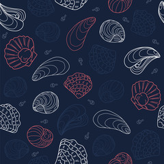 Mussels, oysters and snails on a blue background. Seamless pattern for printing on fabric, paper. Vector