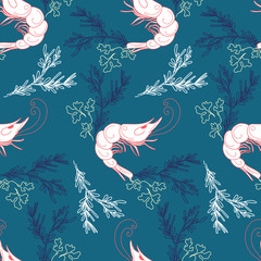 Shrimp and spices on a blue background. Seamless pattern for printing on fabric, paper. Vector