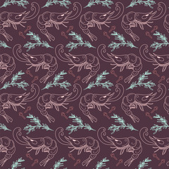 Shrimp and spices on plum background. Seamless pattern for printing on fabric, paper. Vector