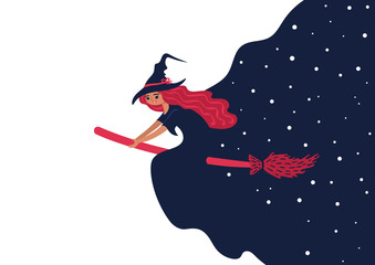 A beautiful witch flying on a broom and making starry night.