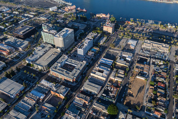 Afternoon aerial view of downtown San Pedro buildings and waterfront in Los Angeles, California.