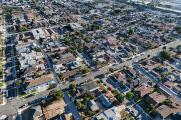 Afternoon aerial view of residential streets and buildings in the south bay area of Los Angeles...