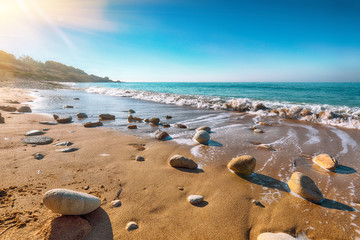 Fantastic view azure sea glowing by sunlight