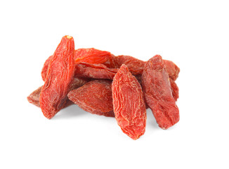 Pile of dried goji berries on white background