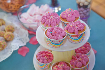 Beautiful birthday cake with pink decor for the birthday of a yearling child.