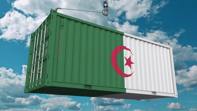 Loading container with flag of Algeria. Algerian import or export related conceptual 3D animation
