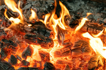 Burning fire in a fireplace abstract background.