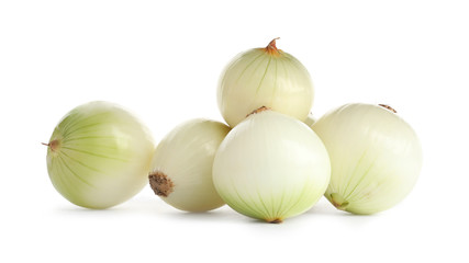Fresh peeled onion bulbs on white background