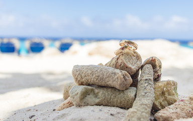Marriage rings on the rock with sea 