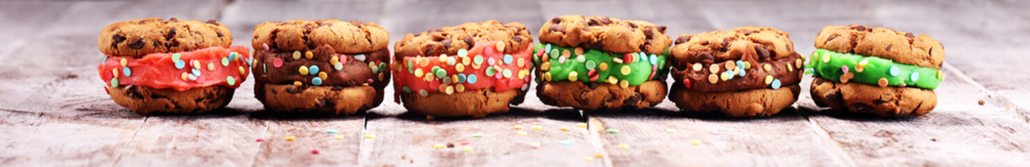 ice cream sandwiches with strawberry and chocolate. Chocolate Chip Cookie Ice Cream Sandwich