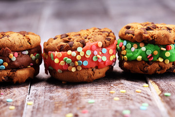 ice cream sandwiches with strawberry and chocolate. Chocolate Chip Cookie Ice Cream Sandwich