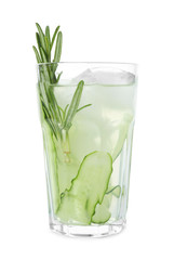 Glass of refreshing cucumber lemonade and rosemary on white background. Summer drink