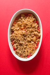 Crunchy strawberries crumble prepared to be put in oven cooked at 200 degree for 20 minutes see the other photos of the series