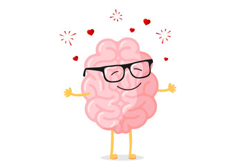 Cartoon smart happy brain character in glasses fall in love. Central nervous system organ romantic mascot funny vector illustration