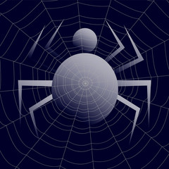 spider silhouette under the concentric cobweb on blue background