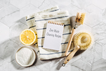 Natural cleaning products lemon, bamboo dish brushs with notebook. Eco friendly. Zero waste concept. Plastic free.