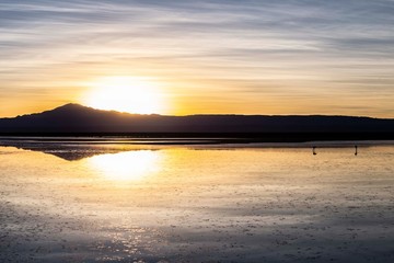 Tramonto sulla laguna Chaxa tra fenicotteri rosa e vulcani, San Pedro De Atacama, Cile