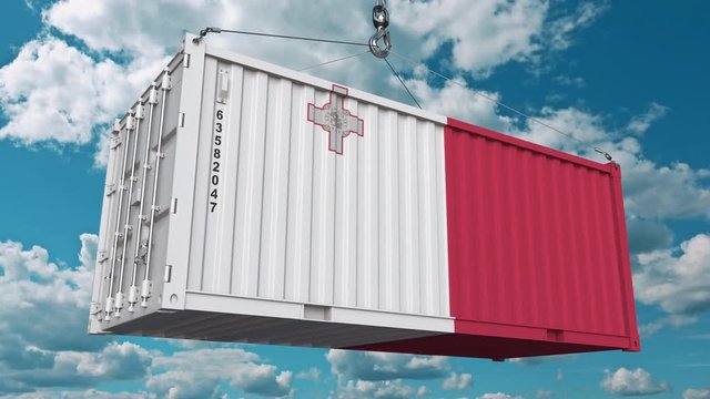 Container with flag of Malta. Maltese import or export related conceptual 3D animation