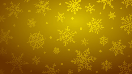 Christmas background with various complex big and small snowflakes in yellow colors