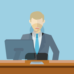 Man working as bank clerk, bank teller workplace vector illustration