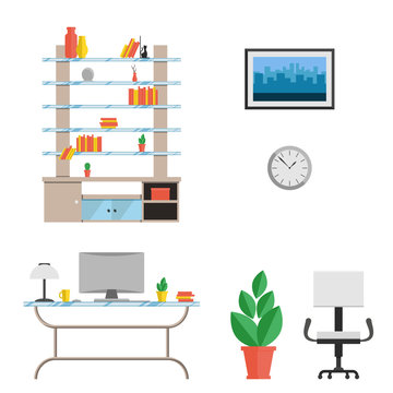 A set of furniture for the cabinet in a modern high-tech style. Vector flat illustration. The interior of the room